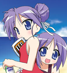  2girls alternate_hairstyle chirorian double_bun hair_bun hiiragi_kagami hiiragi_tsukasa lowres lucky_star mouth_hold multiple_girls one-piece_swimsuit photoshop_(medium) purple_hair siblings sisters swimsuit twins 