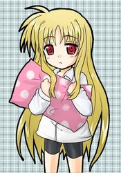  bad_link bike_shorts blonde_hair collared_shirt eyebrows fate_testarossa female holding long_hair long_sleeves looking_at_viewer lyrical_nanoha mahou_shoujo_lyrical_nanoha pillow polka_dot red_eyes shirt sidelocks solo very_long_hair white_shirt yuki_mashiro 