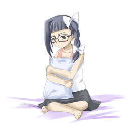  aged_down artistic_error asatte_no_houkou bad_feet black_hair blush bow female glasses green_eyes hairbow hugging_object nogami_shouko pillow pillow_hug simple_background sitting skirt solo 