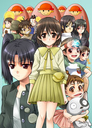  5girls 6+boys amasawa_yuuko brown_hair dennou_coil denpa_(dennou_coil) densuke_(dennou_coil) everyone gachagiri_(dennou_coil) glasses harakawa_ken&#039;ichi harakawa_tamako hashimoto_akira hashimoto_fumie mojo_(dennou_coil) multiple_boys multiple_girls namecchi_(dennou_coil) okonogi_yuuko raglan_sleeves sawaguchi_daichi searchmaton_(dennou_coil) short_hair twintails yoshida_inuhito 