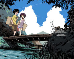  1boy :d arms_behind_back bag bare_shoulders black_eyes black_footwear black_hair blouse blue_shorts blue_sky bridge brown_shorts canvas_(object) carrying_over_shoulder cloud contrail dated day female from_side gable_roof grass hand_in_pocket holding holding_bag house kurusu_tatsuya leaning_forward lolicon looking_at_another open_mouth original outdoors petite plant pocket polka_dot print_shirt rural shade shirt shoes short_hair short_sleeves shorts sky sleeveless smile spaghetti_strap stone_lantern stream t-shirt thatched_roof walking water yellow_shirt 