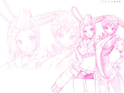  2girls bodysuit getsumento_heiki_miina monochrome multiple_girls nylon_(nylon_100) ootsuki_mina photoshop_(medium) pink_theme sketch tsukishiro_mina unzipped 