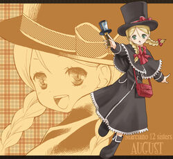  :d august_(coyote_ragtime_show) bag black_dress blonde_hair blue_eyes bow bowtie braid capelet coyote_ragtime_show dress female full_body handbag hat long_sleeves looking_at_viewer open_mouth over_shoulder red_bow red_bowtie short_hair smile solo takano_natsuki top_hat twin_braids 