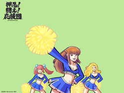  3girls amemiya_sayaka anna_lindhurst blonde_hair blush braid breasts brown_hair cheerleader cleavage crop_top glasses hair_ribbon highres kanda_aoi long_hair medium_breasts midriff multiple_girls navel official_art official_wallpaper one_eye_closed osu!_tatakae!_ouendan ouendan pink_hair pom_pom_(cheerleading) ribbon skirt smile twintails 