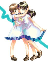  2girls blush brown_footwear dress full_body hug light_brown_hair loafers multiple_girls myu_(neorosi) original shoes short_hair short_sleeves simple_background standing white_background white_dress yuri 