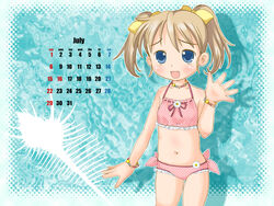  2007 bikini blue_eyes calendar_(medium) copyright_request female hatomugi_(mamotan) highres july oerba_yun_fang pink_bikini polka_dot polka_dot_bikini solo swimsuit 