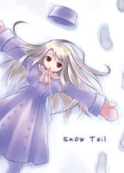  asymmetrical_bangs bad_id blonde_hair blue_coat blue_hat buttons coat expressionless fate/stay_night fate_(series) feet_out_of_frame female footprints from_above hat illyasviel_von_einzbern line_miyako long_hair long_sleeves looking_at_viewer lying mittens on_back open_mouth outstretched_arms pantyhose purple_hat red_eyes red_scarf scarf sleeves_past_wrists snow snow_angel solo sprawled unworn_headwear 