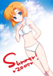  bikini blue_eyes blue_sky breasts cloud dated day dutch_angle english_text female heart higurashi_no_naku_koro_ni medium_breasts navel orange_hair painttool_sai_(medium) ryuuguu_rena short_hair sky solo summer swimsuit umiichi_kurage white_bikini 