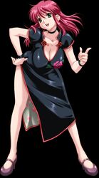  :d bent_over black_background black_dress boin breasts china_dress chinese_clothes choker cleavage dress female full_body green_eyes happoubi_jin happy high_heels highres iihara_nao large_breasts leaning_forward legs_apart long_hair open_mouth pink_hair shoes simple_background smile solo standing wristband 