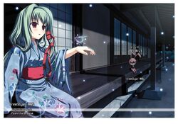  :o anmoto_shiika blue_kimono border building female green_hair hair_ribbon house japanese_clothes kazumasa kimono long_sleeves mushiuta obi outdoors parted_lips pillar purple_eyes red_ribbon ribbon sash sitting sliding_doors snowing solo veranda wide_sleeves winter wooden_floor 