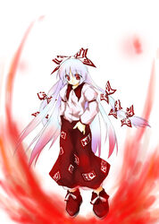  bow female fire fujiwara_no_mokou full_body hairbow long_hair long_sleeves looking_at_viewer mizuno_minato multiple_hair_bows ofuda pants red_eyes red_footwear shoes simple_background solo standing touhou very_long_hair white_background white_hair 