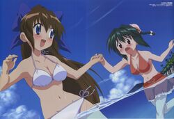  2girls absurdres armpits bikini blue_eyes blush braid breasts brown_hair bun_cover cleavage cloud comp_h&#039;s crease day double_bun frills green_hair hair_bun hair_ribbon highres holding_hands long_hair medium_breasts mei_mei_(nagasarete_airantou) multiple_girls nagasarete_airantou navel non-web_source ocean open_mouth outdoors palm_tree ponytail ribbon scan short_hair side-tie_bikini_bottom skirt sky suzu_(nagasarete_airantou) swimsuit tatsuta_shin&#039;ichi tree twin_braids very_long_hair wading water white_bikini 