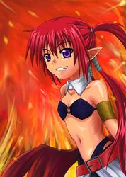  agito_(nanoha) belt blue_eyes female fire grin lyrical_nanoha magical_girl mahou_shoujo_lyrical_nanoha_strikers pointy_ears red_hair smile solo wings yuki_mashiro 