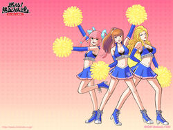  3girls amemiya_sayaka anna_lindhurst blonde_hair breasts brown_hair cheerleader cleavage crop_top elbow_gloves gloves hair_ribbon highres kanda_aoi medium_breasts midriff multiple_girls navel official_art official_wallpaper osu!_tatakae!_ouendan osu!_tatakae!_ouendan_2 ouendan photoshop_(medium) pink_hair pom_pom_(cheerleading) ponytail ribbon skirt smile twintails 