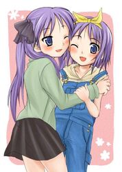  2girls ;d black_skirt blue_eyes blue_overalls blush border cowboy_shot hiiragi_kagami hiiragi_tsukasa long_hair long_sleeves lucky_star multiple_girls one_eye_closed open_mouth overalls pleated_skirt purple_hair short_hair siblings sisters skirt smile standing sweater twins yuki_mashiro 