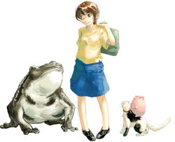  animal blue_skirt brown_hair feline female frog looking_at_viewer myu_(neorosi) original oversized_animal pigeon-toed shirt short_sleeves simple_background skirt solo standing white_background yellow_shirt 