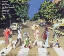  6+girls abbey_road album_cover album_cover_redraw artist_request car cover cover_page crossover crosswalk derivative_work hair_slicked_back hakubi_washuu jpeg_artifacts kuramitsu_mihoshi makibi_kiyone masaki_aeka_jurai masaki_sasami_jurai motor_vehicle multiple_girls official_art outdoors pantyhose parody ponytail road ryouko_(tenchi_muyou!) shorts spiked_hair street tenchi_muyou! tenchi_muyou!_uchuu_hen the_beatles tree twintails vanishing_point volkswagen volkswagen_beetle 