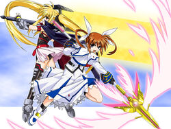  2girls arm_belt bardiche_(nanoha) bardiche_(zanber_form)_(nanoha) belt blonde_hair bow cape energy_sword energy_wings fate_testarossa fate_testarossa_(lightning_form) fingerless_gloves gloves lyrical_nanoha magical_girl mahou_shoujo_lyrical_nanoha mahou_shoujo_lyrical_nanoha_a&#039;s multiple_girls oyama_(fortune_pandora) purple_eyes raising_heart raising_heart_(exelion_mode) red_bow red_eyes red_hair sword takamachi_nanoha takamachi_nanoha_(sacred_mode) thighhighs twintails weapon wings 