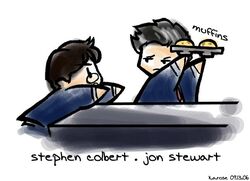  2boys chibi food formal glasses jon_stewart k.a._rose male_focus muffin multiple_boys necktie real_life stephen_colbert suit the_colbert_report the_daily_show 