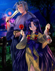  1boy aerial_fireworks air_(visual_novel) bag bagged_fish blue_eyes blue_hair candy_apple female fireworks fish folded_fan folding_fan food goldfish hand_fan japanese_clothes kannabi_no_mikoto kimono mutsuki_(moonknives) photoshop_(medium) ryuuya white_hair yellow_eyes yukata 