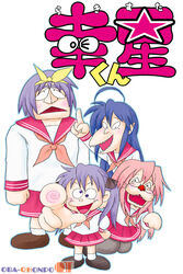  4girls animal_face blue_hair bow brown_footwear dizzy dress english_text kaibutsu-kun kanji long_hair lucky_star multiple_girls orange_bow parody pink_hair purple_hair sailor_dress senkou_maru shoes style_parody teeth translated white_background white_legwear yellow_bow 