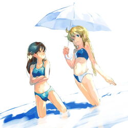  2girls bikini black_hair blonde_hair blue_bikini blue_eyes brown_eyes crossed_arms multiple_girls myu_(neorosi) original smile swimsuit umbrella wading water waves 