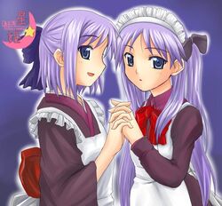  2girls alternate_costume bad_link blue_eyes cosplay crossover enmaided hiiragi_kagami hiiragi_tsukasa hisui_(tsukihime) hisui_(tsukihime)_(cosplay) kohaku_(tsukihime) kohaku_(tsukihime)_(cosplay) long_hair lucky_star maid multiple_girls parody purple_hair siblings sisters tsukihime twins yuki_mashiro 