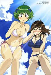  2girls :d absurdres adjusting_hair antenna_hair bikini black_eyes blush breasts brown_eyes brown_hair cleavage cloud day duplicate embarrassed finger_to_mouth foreshortening from_below green_hair hair_ornament hairclip hand_on_own_thigh highres kenkou_zenrakei_suieibu_umishou large_breasts leaning_forward legs light_rays looking_at_viewer looking_away looking_down megami_magazine multiple_girls navel ninagawa_amuro nishino_rei no_nose official_art open_mouth outdoors plaid plaid_bikini pointing scan shizuoka_mirei short_hair side-tie_bikini_bottom sky smile standing sunbeam sunlight swept_bangs swimsuit white_bikini wide_hips x_hair_ornament yuri 