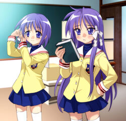  2girls book clannad company_connection cosplay fujibayashi_kyou fujibayashi_kyou_(cosplay) fujibayashi_ryou fujibayashi_ryou_(cosplay) hiiragi_kagami hiiragi_tsukasa hikarizaka_private_high_school_uniform kyoto_animation long_hair lucky_star multiple_girls mutsuki_(moonknives) photoshop_(medium) purple_hair school_uniform siblings sisters thighhighs twins 