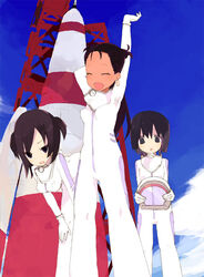  3girls bodysuit brws launch_tower miura_akane_(rocket_girls) morita_matsuri morita_yukari multiple_girls rocket rocket_girls skin_tight spacesuit white_bodysuit 