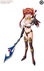  2016 akiranyo arm_gloves artist_logo artist_name blush brown_boots brown_gloves character_name dorei_maid_princess english_text gold_trim hair_ornaments halberd high-heel_boots holding_spear holding_weapon lotte_birenkofen nipple_bulge pauldrons reaching_towards_viewer red_eyes red_hair_female red_jewel spear text thigh-high_boots transparent_background twintails_(hairstyle) vector_trace weapon work_name 