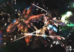  3d battle energy_sword gun gundam gundam_unicorn highres mecha mobile_suit_gundam nt-d sandrum shield sinanju space sword unicorn_gundam weapon 