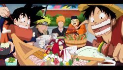  4boys bleach blonde_hair commentary company_connection crossover dragon_ball dragon_ball_z english_commentary food hat kurosaki_ichigo ladygt93 monkey_d._luffy multiple_boys naruto naruto_(series) one_piece photoshop_(medium) shounen_jump son_goku uzumaki_naruto 