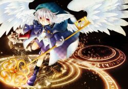  1boy albino bad_id bad_pixiv_id book glasses head_wings key magic_circle male_focus narita_chika pixiv_fantasia pixiv_fantasia_4 red_eyes shorts solo white_hair wings 