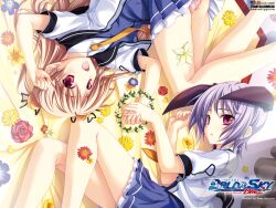  baldr_sky bed blonde_hair long_hair minazuki_makoto minazuki_sora miyama-zero panties purple_hair red_eyes seifuku short_hair underwear 