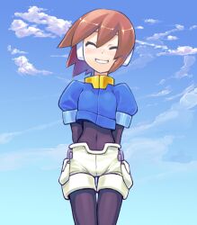  aile_(mega_man_zx) arms_behind_back bodysuit brown_hair cloud day female lowres mega_man_(series) mega_man_zx navel shigehiro_(hiroi_heya) short_hair shorts skin_tight sky smile solo white_shorts 