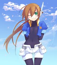  aile_(mega_man_zx) arms_behind_back blush brown_hair female green_eyes mega_man_(series) mega_man_zx one_eye_closed shigehiro_(hiroi_heya) shorts smile solo spandex vest white_shorts 