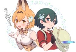  2girls animal_ear_fluff animal_ears backpack bad_id bad_twitter_id bag bare_shoulders bey_(bey01st) black_gloves black_hair blonde_hair blue_eyes blush bow bowtie commentary elbow_gloves extra_ears flower gloves hair_flower hair_ornament hand_up hat hat_feather helmet high-waist_skirt kaban_(kemono_friends) kemono_friends multiple_girls orange_bow orange_bowtie paw_pose pith_helmet print_bow print_bowtie print_gloves print_skirt red_shirt serval_(kemono_friends) serval_print shirt short_hair short_sleeves skirt sleeveless smile t-shirt traditional_bowtie translated unworn_hat unworn_headwear upper_body white_shirt yellow_eyes 