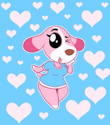  animal_crossing anthro canid canine canis cookie_(animal_crossing) domestic_dog female heart_background heart_pattern heart_symbol hi_res looking_at_viewer mammal marcodile nintendo one_eye_closed pattern_background simple_background solo tongue tongue_out wide_hipped_female wide_hips wink 