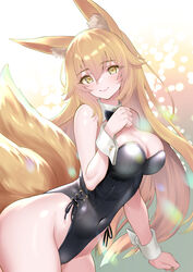  absurdres animal_ears bare_shoulders black_bow black_bowtie black_leotard blonde_hair borrowed_character bow bowtie breasts cleavage commentary commission covered_navel detached_collar female fox_ears fox_girl fox_tail hair_between_eyes highleg highleg_leotard highres large_breasts leotard long_hair multiple_tails original playboy_bunny skeb_commission snow-yuuki solo strapless strapless_leotard tail thighs traditional_bowtie wrist_cuffs yellow_eyes 