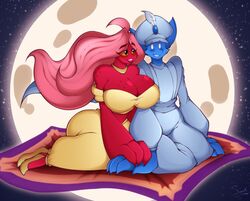  2019 absurd_res anthro artist_name big_breasts big_hands blue_body blue_fur blush breasts canid canine carpet cleavage clothed clothing cosplay curvy_figure detailed_background digital_media_(artwork) disney disney&#039;s_aladdin dress duo eyelashes feet female fingers footwear fox freckled_breasts freckled_shoulders freckles fur hair hi_res hourglass_figure huge_breasts humanoid kili_(kilinah) kyoob_(thegentlebro) long_hair magic_carpet male mammal mimic moon night no_pupils pink_hair red_body red_skin shoes signature simple_eyes sitting smile superix teeth thick_thighs topwear tube_top voluptuous wide_hips yellow_sclera 