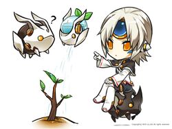  ? celebration drone elsword eve_(elsword) expressionless facial_mark female forehead_jewel grey_hair mechanical_ears moby_(elsword) official_art plant pointing remy_(elsword) sitting sitting_on_object source_request watering_can yellow_eyes 