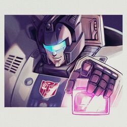  1boy assault_visor autobot close-up energon_cube highres holding insignia jazz_(transformers) looking_at_viewer makaron611 mecha no_humans robot smirk solo transformers transformers:_generation_1 