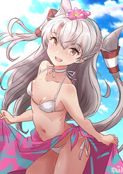  amatsukaze_(kancolle) bikini blue_sky breasts brown_eyes choker cloud commentary_request cowboy_shot female flower fuji_(pixiv24804665) grey_hair hair_flower hair_ornament hair_tubes highres kantai_collection long_hair navel open_mouth outdoors sarong_hold side-tie_bikini_bottom sky small_breasts smile solo standing swimsuit two_side_up white_bikini white_choker 