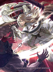  3boys androgynous armor axe battle black_gloves blonde_hair braid capelet chains commentary_request copyright_notice faceless faceless_male faulds fingerless_gloves fire_emblem fire_emblem_awakening fire_emblem_cipher french_braid gloves green_eyes hair_between_eyes holding holding_axe libra_(fire_emblem) long_hair looking_at_viewer male_focus mask moyatarou multiple_boys official_art open_mouth red_eyes robe solo_focus sword teeth v-shaped_eyebrows vambraces weapon white_capelet white_robe 