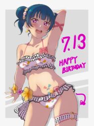  :d alternate_hairstyle arm_behind_head armpits bikini blue_hair blush bow breasts cleavage commentary_request dated double_bun drawn_tail earrings female flower grey_background hair_bun happy_birthday jewelry looking_at_viewer love_live! love_live!_sunshine!! navel o-ring open_mouth pink_bow pink_flower print_bikini purple_eyes sidelocks small_breasts smile solo swimsuit thigh_strap tsushima_yoshiko turkey_min twintails wrist_flower yellow_flower 