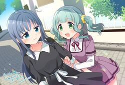  2girls :d black_dress blue_eyes blue_hair blue_sky blunt_bangs blurry blurry_background blush breasts building city collarbone collared_dress commentary_request cowboy_shot curly_hair day dot_nose dress dutch_angle eyes_visible_through_hair floating_hair futaba_sana green_eyes green_hair hands_on_another&#039;s_arm happy high_collar leaf long_hair long_sleeves looking_at_another magia_record:_mahou_shoujo_madoka_magica_gaiden mahou_shoujo_madoka_magica mizuna_girls&#039;_academy_school_uniform momo_tomato multiple_girls nanami_yachiyo neck_ribbon open_mouth outdoors pavement ribbon road school_uniform scrunchie shadow short_sleeves sidelocks sidewalk sky small_breasts smile sparkle street tareme translation_request tree twintails twitter_username uniform window yellow_scrunchie 