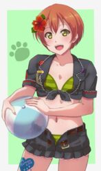  :d ball beachball belt bikini bikini_under_clothes black_jacket collarbone commentary_request cowboy_shot cropped_jacket female flat_chest flower green_background green_bikini green_eyes hair_flower hair_ornament holding holding_ball holding_beachball hoshizora_rin jacket leg_tattoo looking_at_viewer love_live! love_live!_school_idol_project midriff navel open_belt open_fly open_mouth paw_print red_flower short_hair short_sleeves smile solo striped_bikini striped_clothes swimsuit tattoo tied_jacket turkey_min 