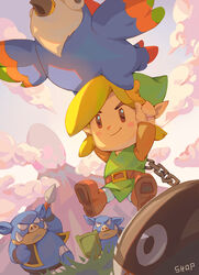  1boy artist_name belt bird blonde_hair bracelet brown_belt brown_eyes brown_footwear chain_chomp chains chicken cloud commentary_request day egg flying_rooster_(zelda) green_shirt highres holding holding_polearm holding_shield holding_weapon jewelry link male_focus moblin mountain outdoors photoshop_(medium) polearm shield shirt shoes shop_p short_hair smile spear the_legend_of_zelda the_legend_of_zelda:_link&#039;s_awakening tusks weapon windfish&#039;s_egg 