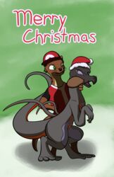  5_fingers absurd_res anthro biped black_body black_scales bryce_daeless christmas clothing costume digital_media_(artwork) doesnotexist drumstick_(food) duo eurasian_otter fan_character fingers generation_7_pokemon grey_body grey_scales gyrotech hi_res holidays hybrid lutra male mammal markings mustelid nintendo otter pokemon pokemon_(species) purple_eyes purple_markings red_body red_markings red_scales river_otter salandit salazzle saul_ashle scales 